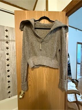 Varley Heather Gray Cropped Half-Zip Turtleneck Sweater
